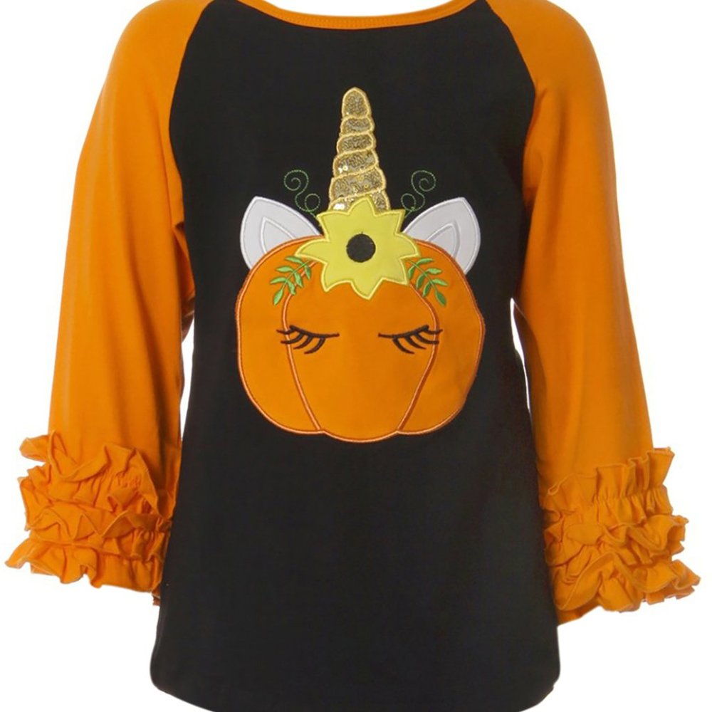 Little Girls Kids Halloween Pumpkin Raglan Ruffle Shirt Top Tee Thanksgiving